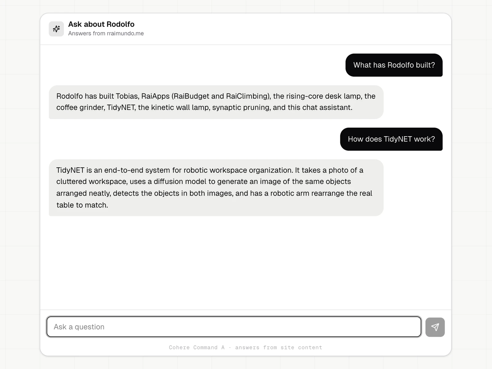 The chat page with a two-question conversation