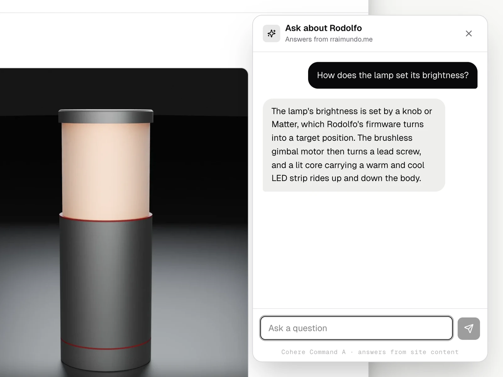 The floating chat widget answering a question on the desk lamp page