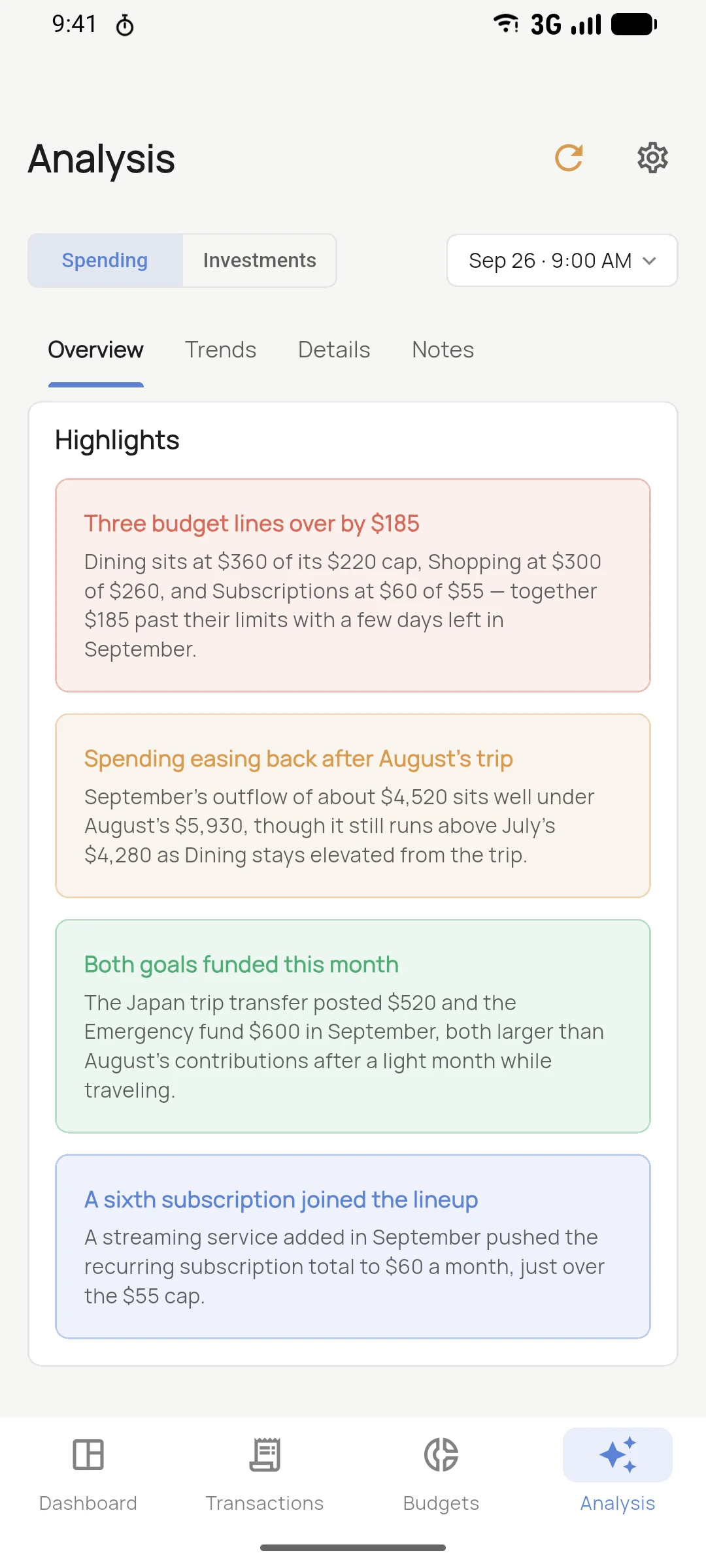 RaiBudget analysis report with spending observations and trends