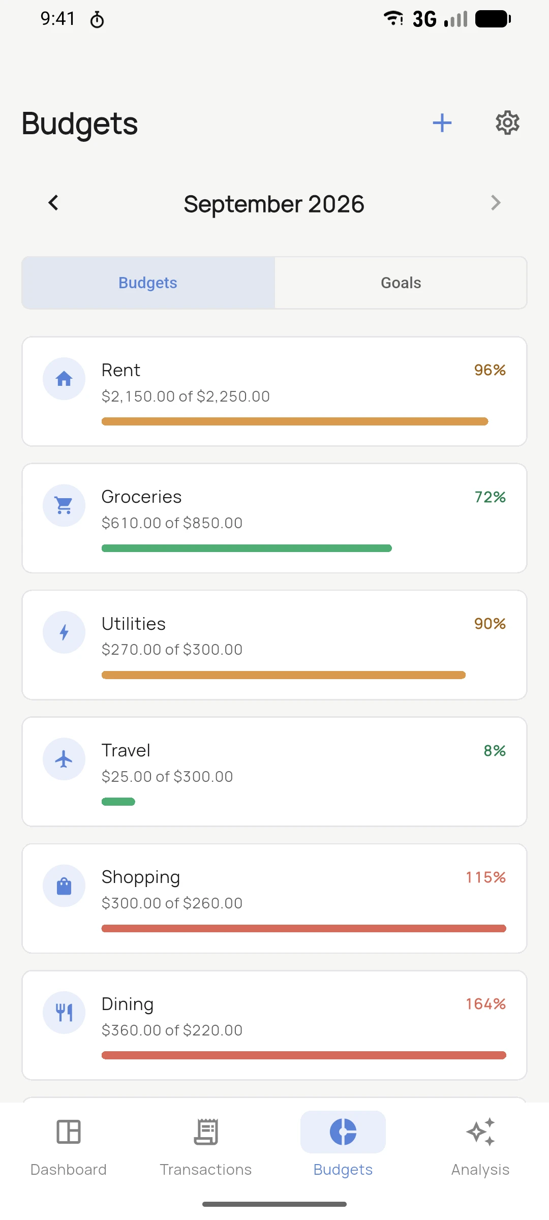 RaiBudget category budgets with progress bars for the current month