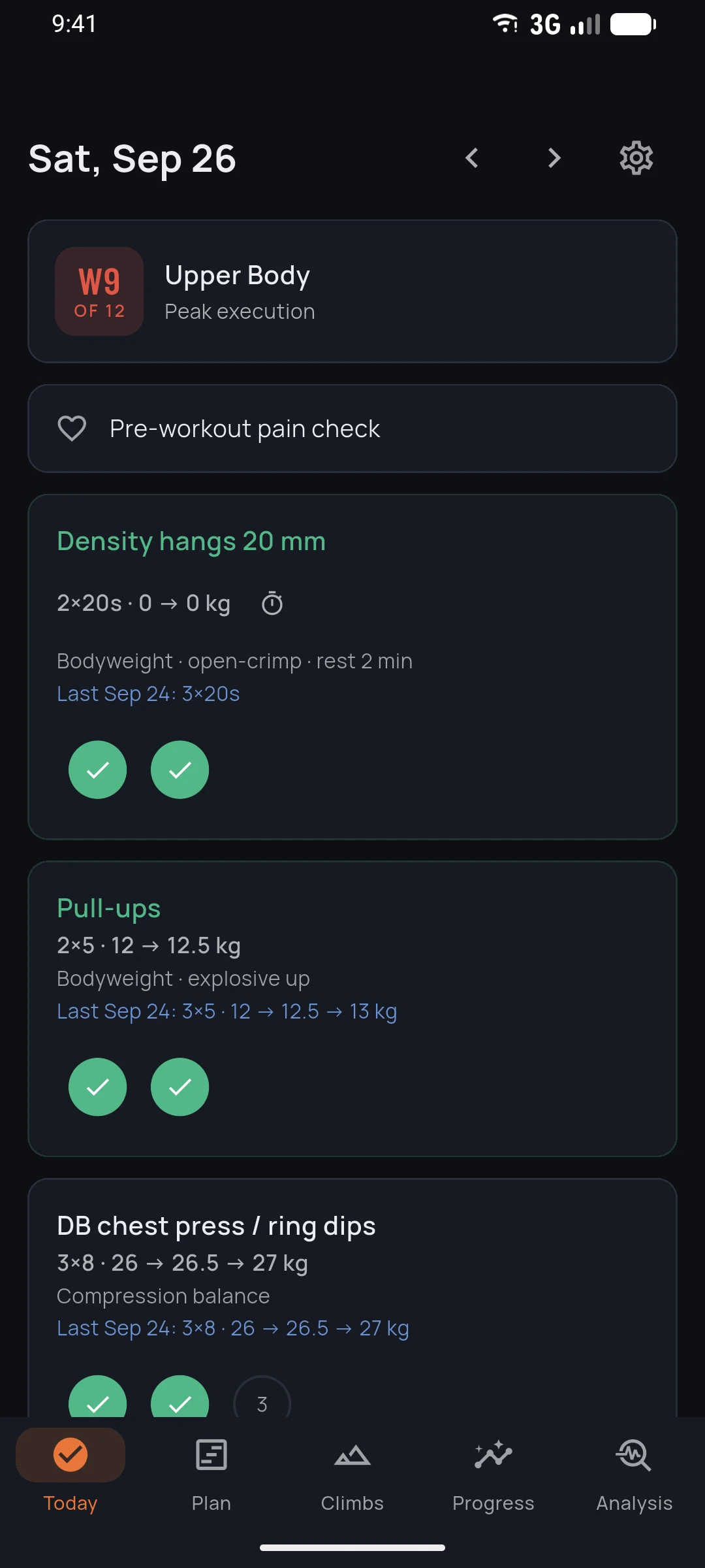 RaiClimbing today screen with the day's session and a pain check-in